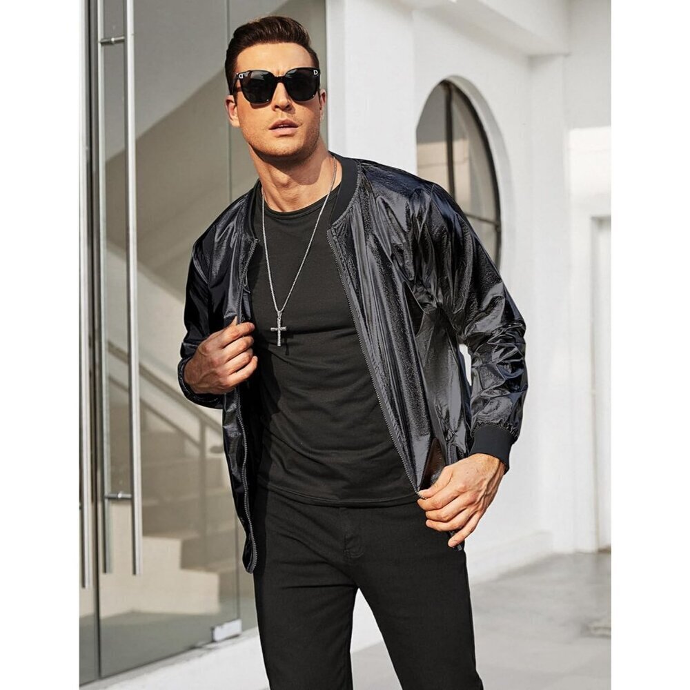 Men's Black Shiny Fabric Varsity Bomber Jacket Metallic Style Zipper Shirts - Picture 2 of 5
